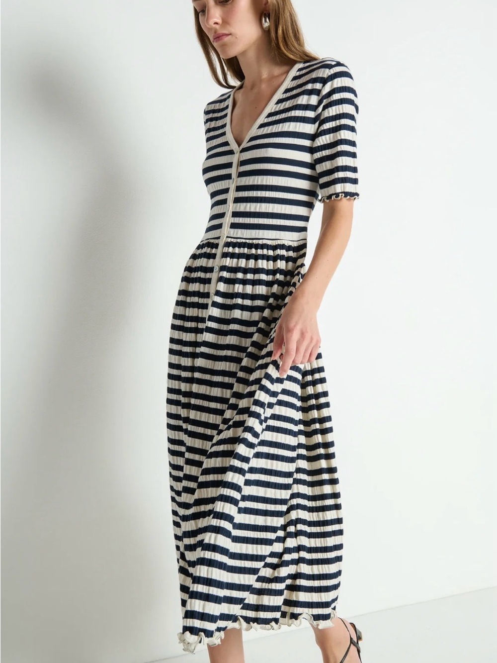 Nation LTD Claudine Navy and Cream Striped V-Neck Midi Dress